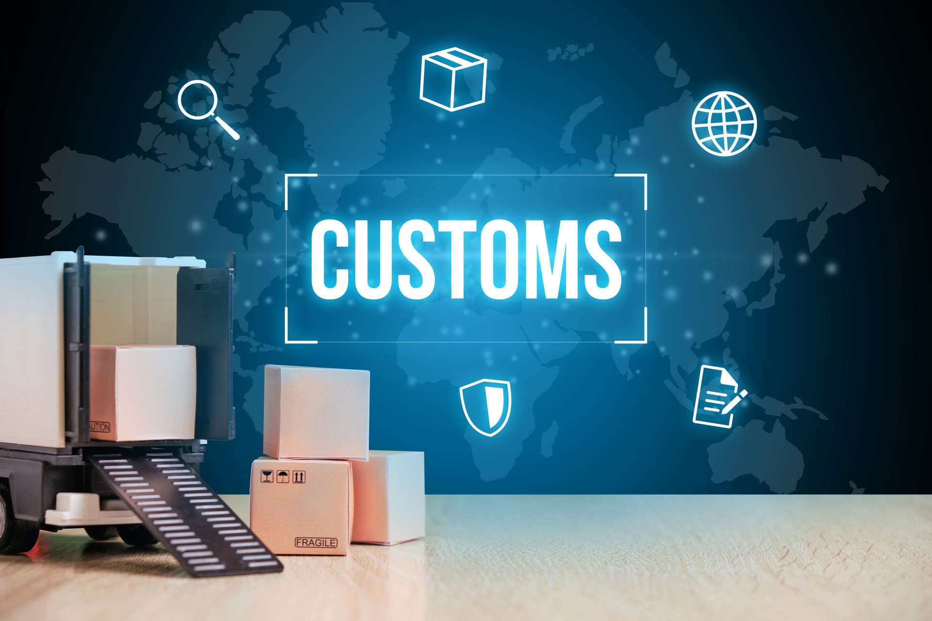 Customs concept featuring a holographic word with icons. Truck with goods.